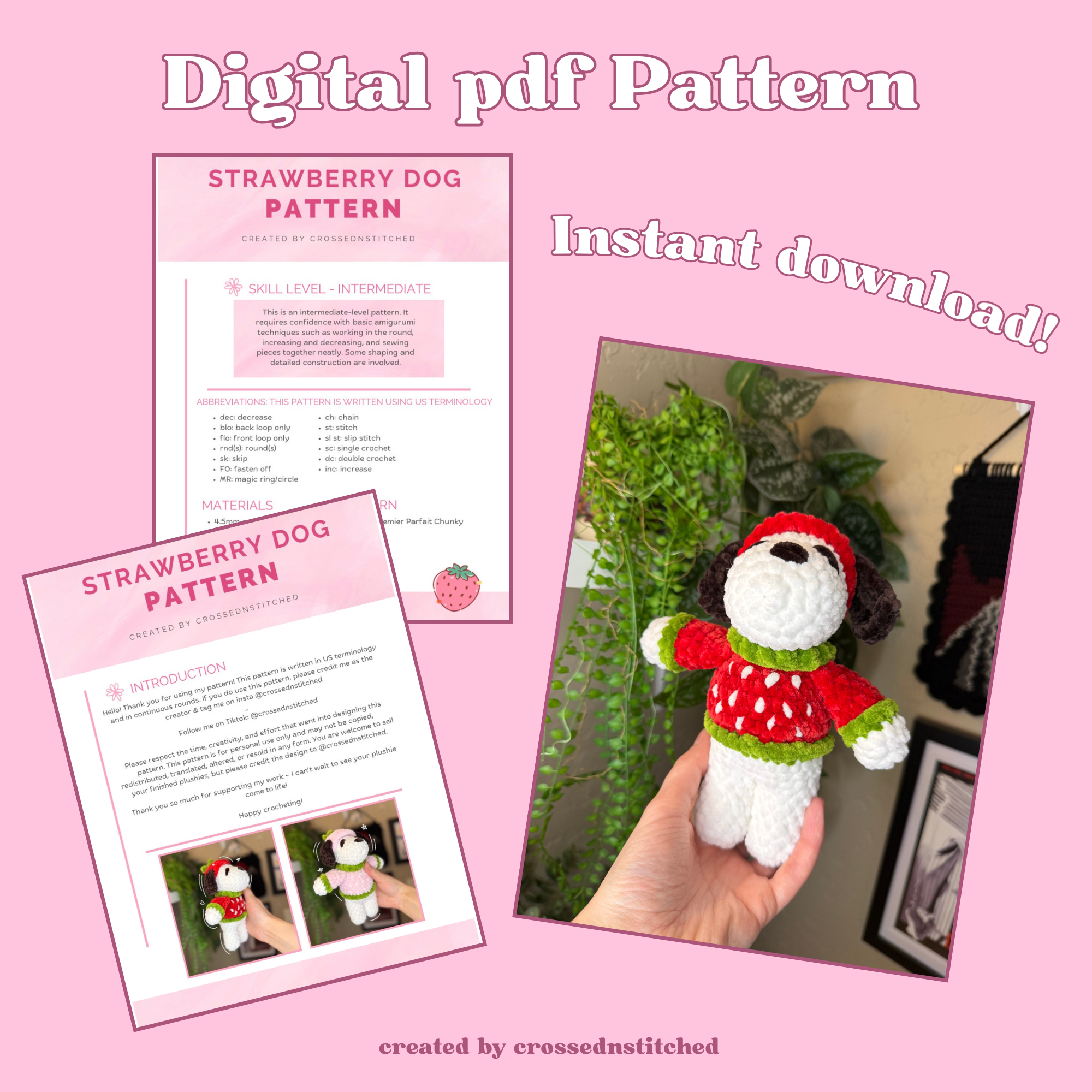 Strawberry Dog Amigurumi Pattern - PDF Download